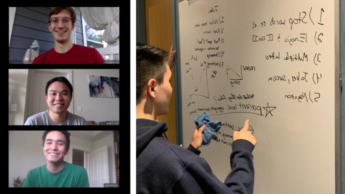 左图:一个学生在白板上写字，解数学题. 右:20岁的基特·奥尔德森，20岁的埃里克·梁和20岁的亚历克斯·莫特在Zoom电话上. 