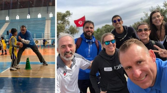 Jacob Tingle poses with a group in a selfie; Tingle plays an indoor sport