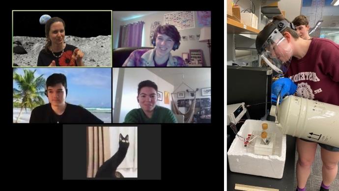 student in physics lab and students on zoom call