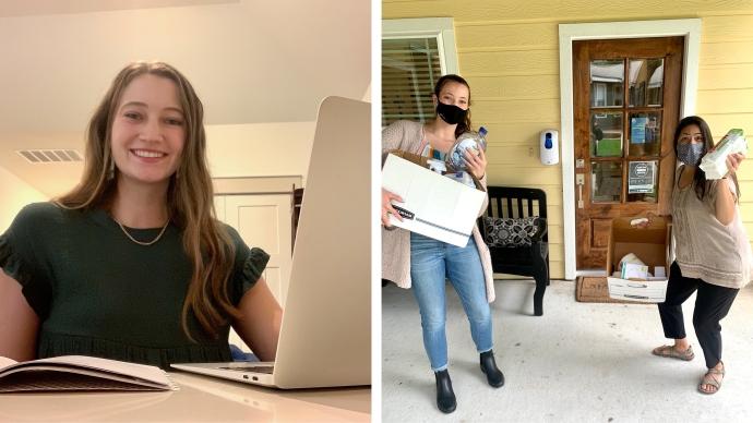 a diptych shows Katie Maloan and a colleague giving cleaning supplies to a business; Katie's headshot