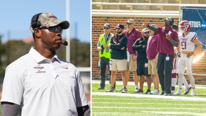 Coach Coleman speaks to a 澳门金沙线上赌博官网 football player on the sidelines of a game (left); A portrait of Coach Coleman (right)