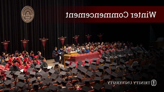 A poster announcing the Winter Commencement ceremony with a picture of the professors on stage in regalia.