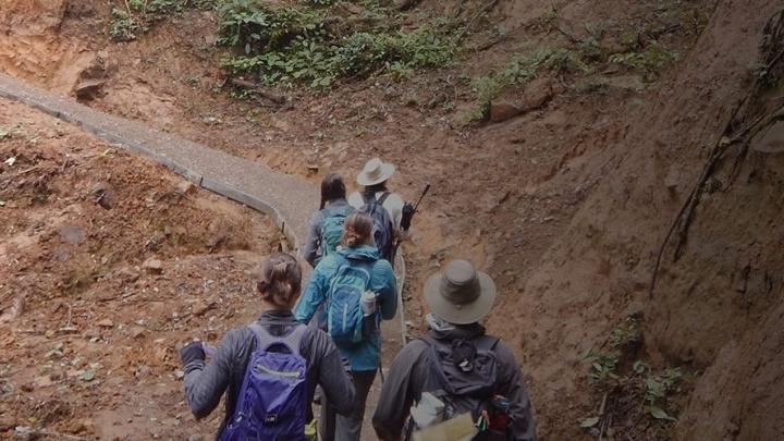 学生和教师在出国留学旅行中徒步穿越地形