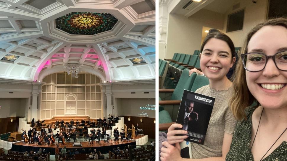 Two students take a selfie while waiting in the audience before a symphony concert (left); the 圣安东尼奥 Philharmonic 音乐ians prepare for the start of a symphony concert on stage (right)