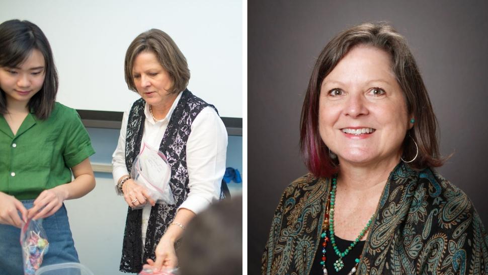 a collage of a portrait of Amy Foshee Holmes (left) and Holmes stuffing Valentine's Day treat bags with a student (right)