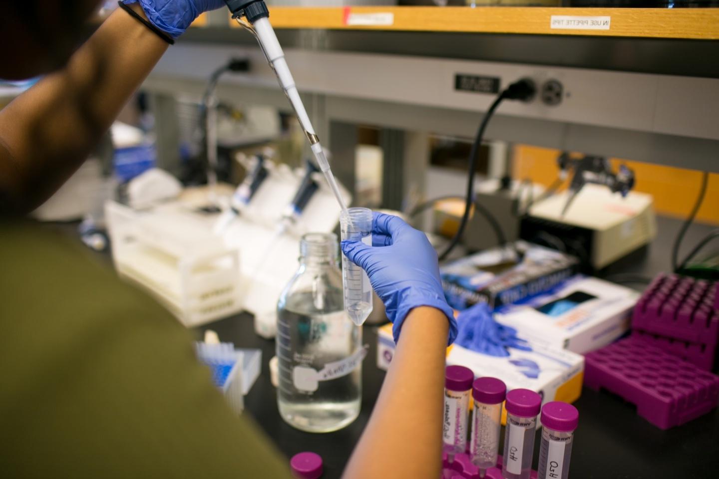 Student collects samples into a vial.