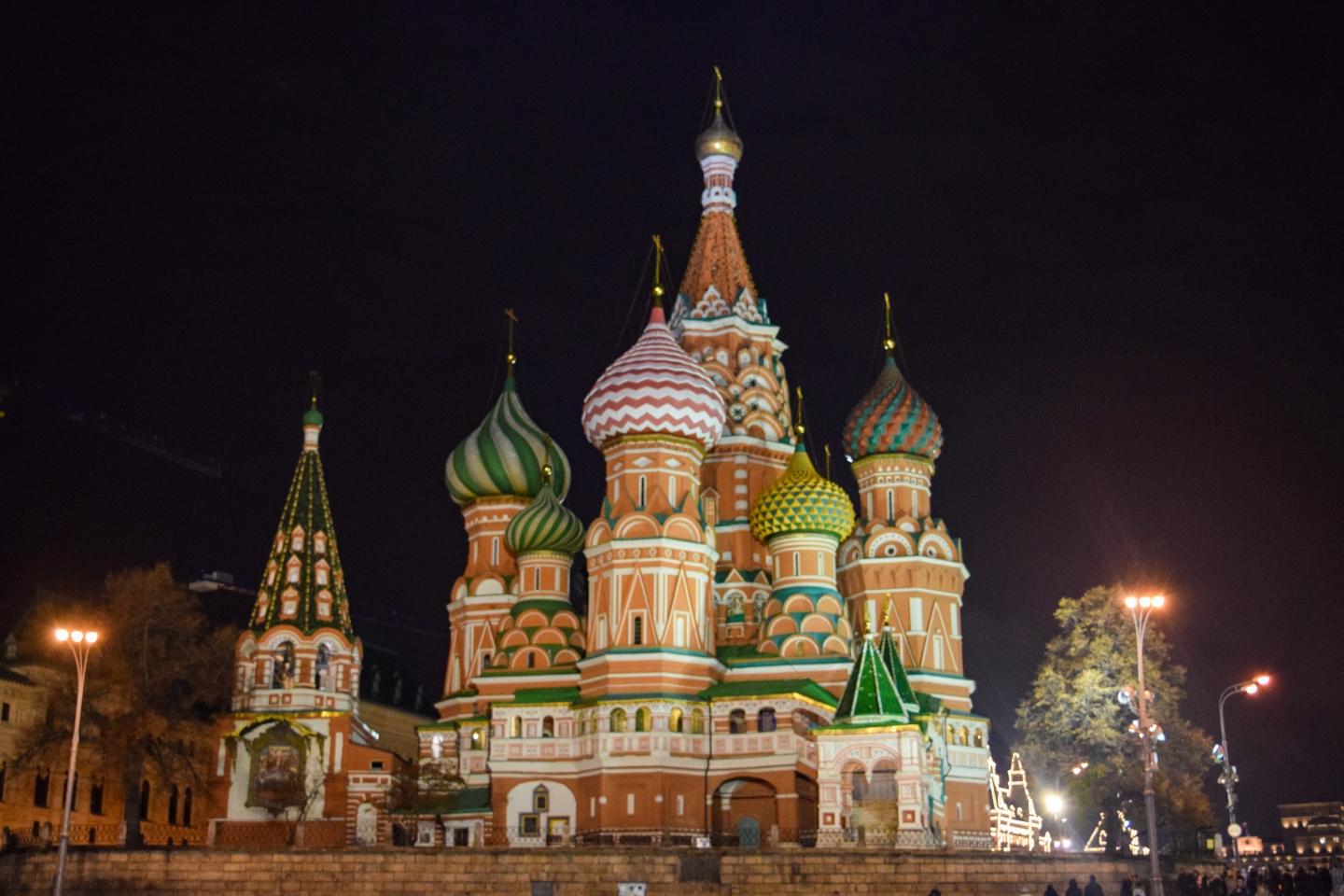 Scenic view at night of a colorful Russian building