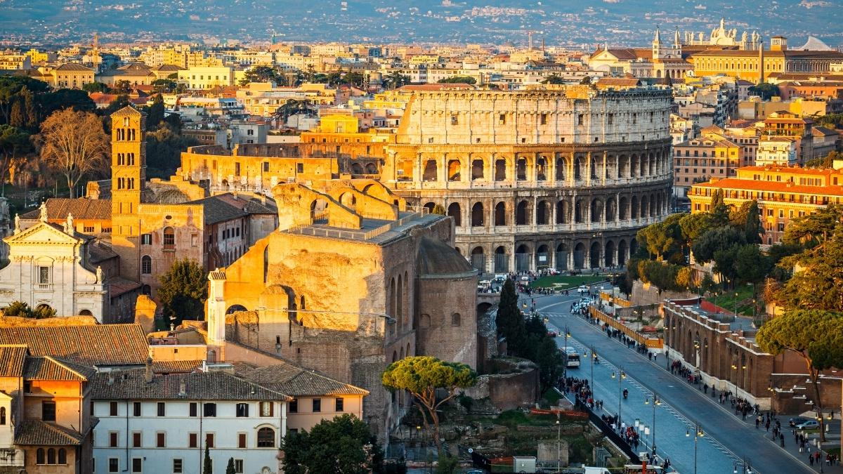 Aerial view of the Coliseum in Rome, Italy at sunset